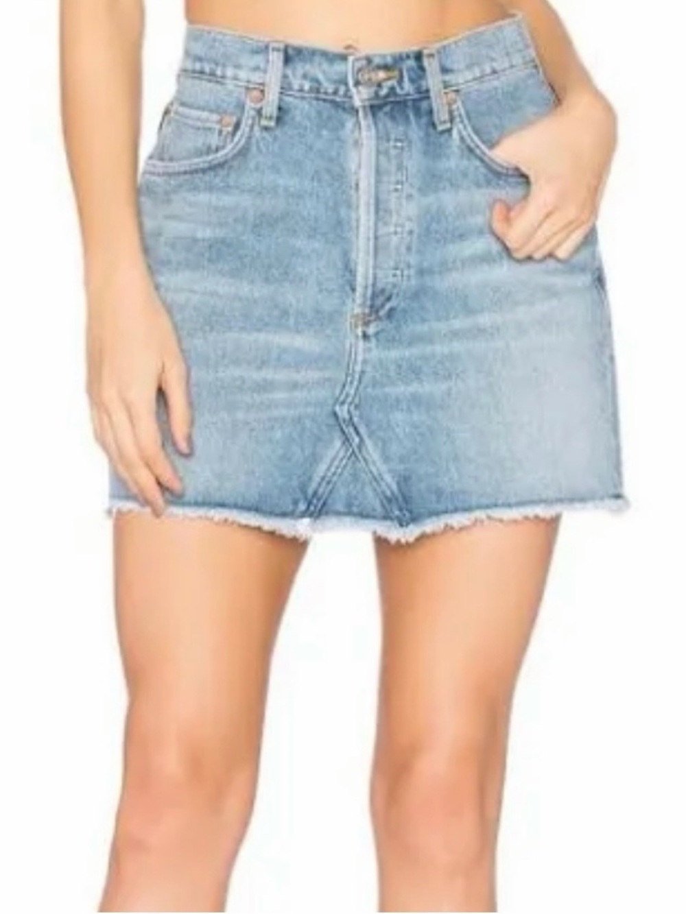 AGOLDE Quinn High Rise Mini Skirt Size 23 Raw Hem Button Fly Vintage Wash Denim